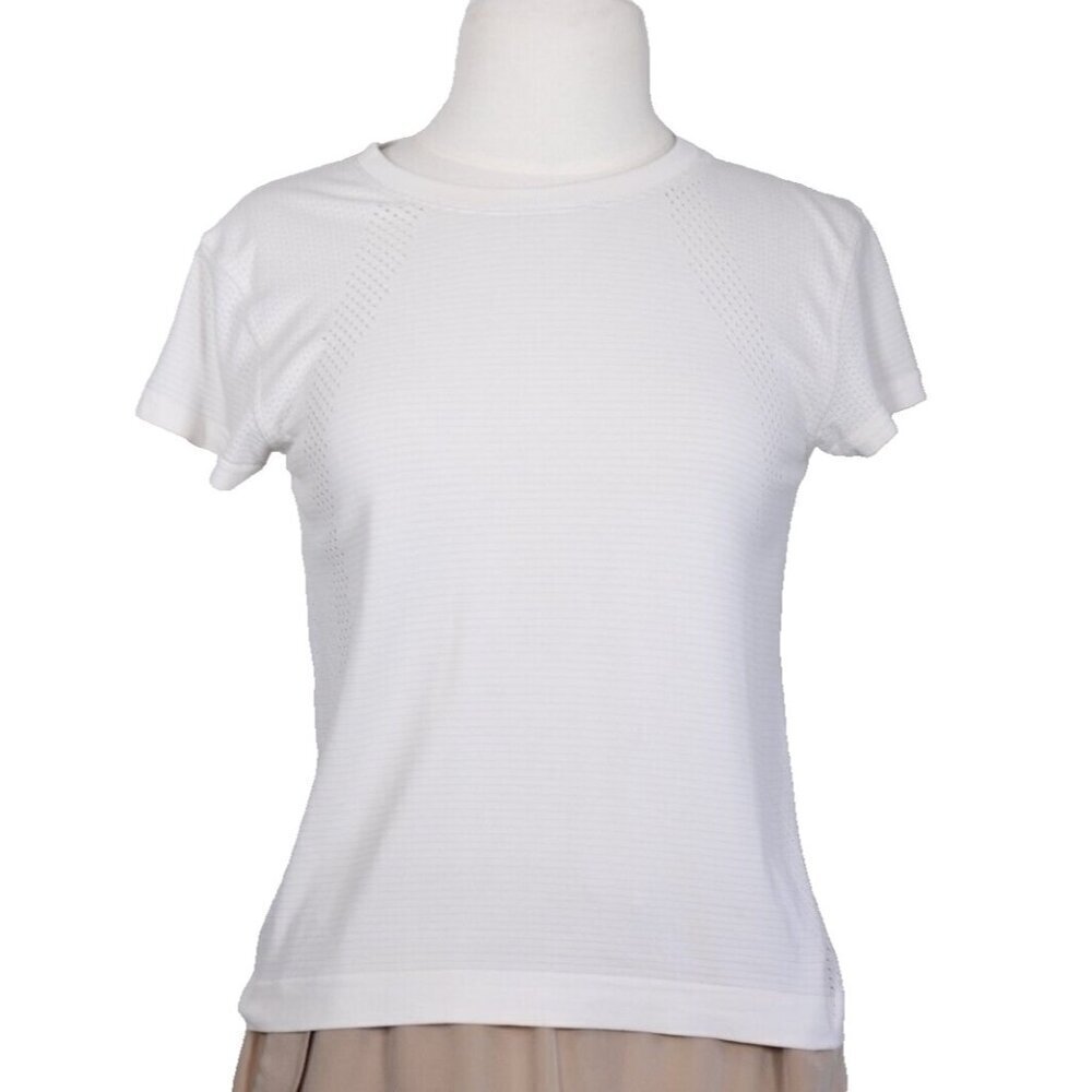 Lululemon Women's 4 White T-Shirt Mesh Crew Neck Short Sleeve Casual Activewear - Picture 2 of 7